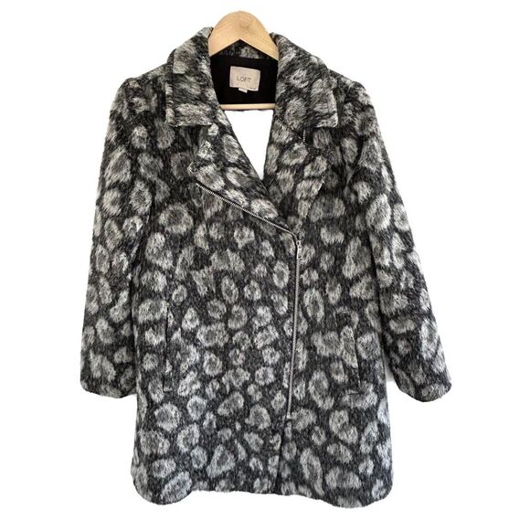 LOFT Coat MP M Medium Petite Leopard Animal Print Asymmetric Zipper Wool Blend - Picture 1 of 7